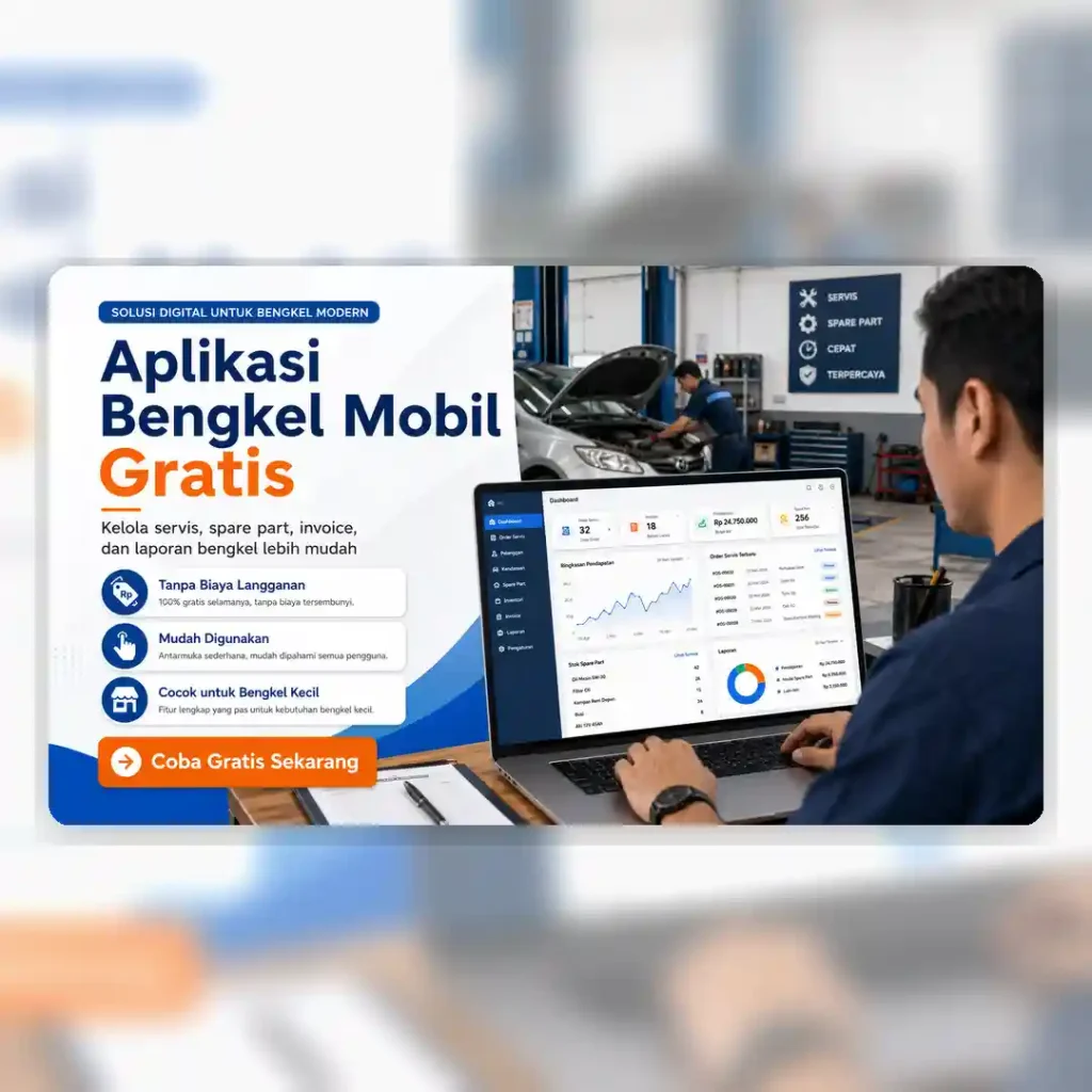 Aplikasi bengkel mobil gratis untuk membantu bengkel kecil mengelola servis, stok spare part, invoice, dan laporan digital
